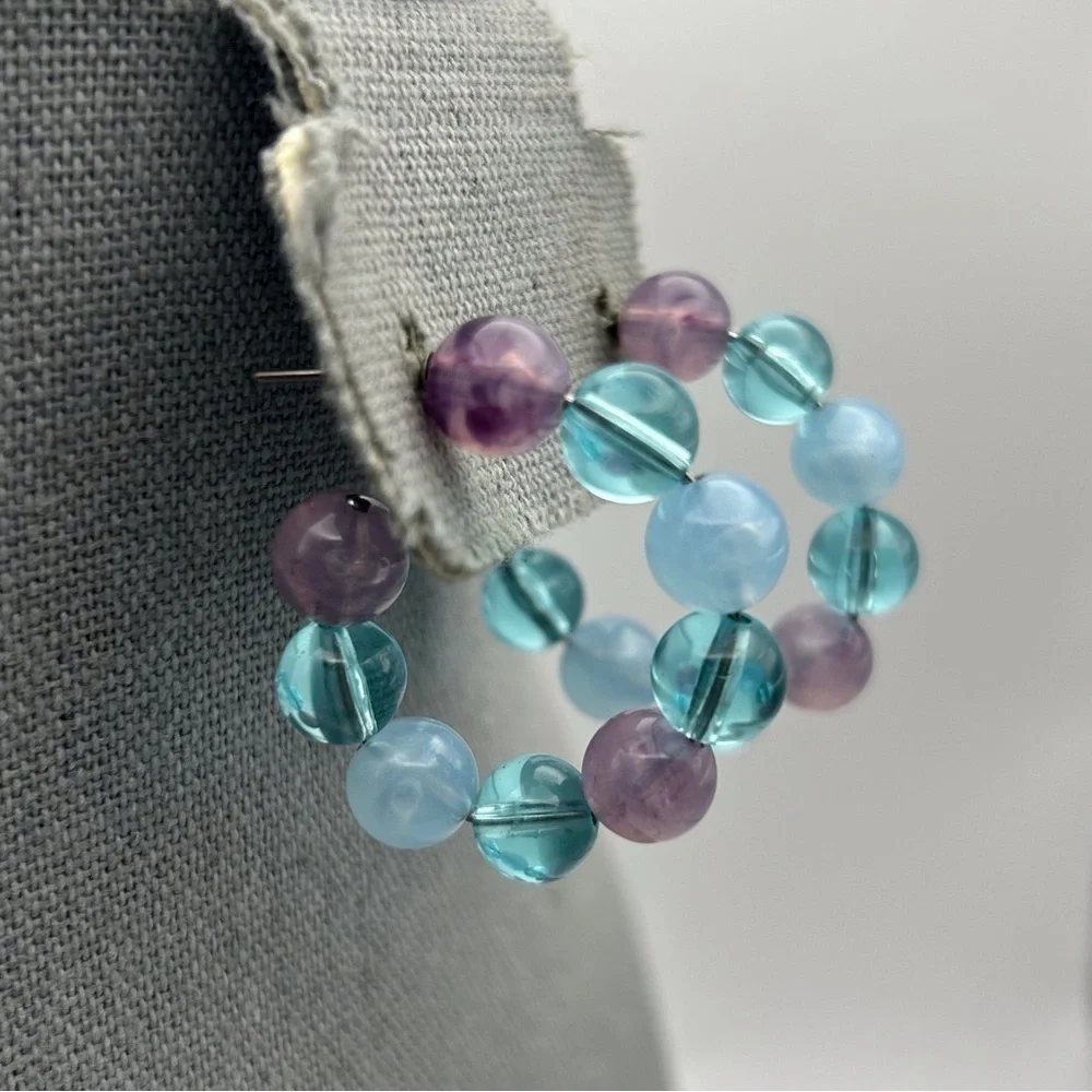 Vintage Avon Fascination Curved Hoop Earrings Light Blue and Purple Clear Beaded